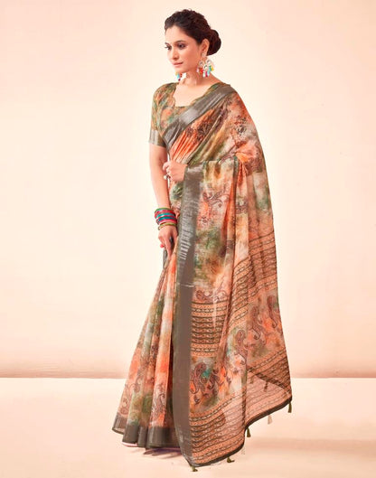 Mehandi Green Linen Printed Saree