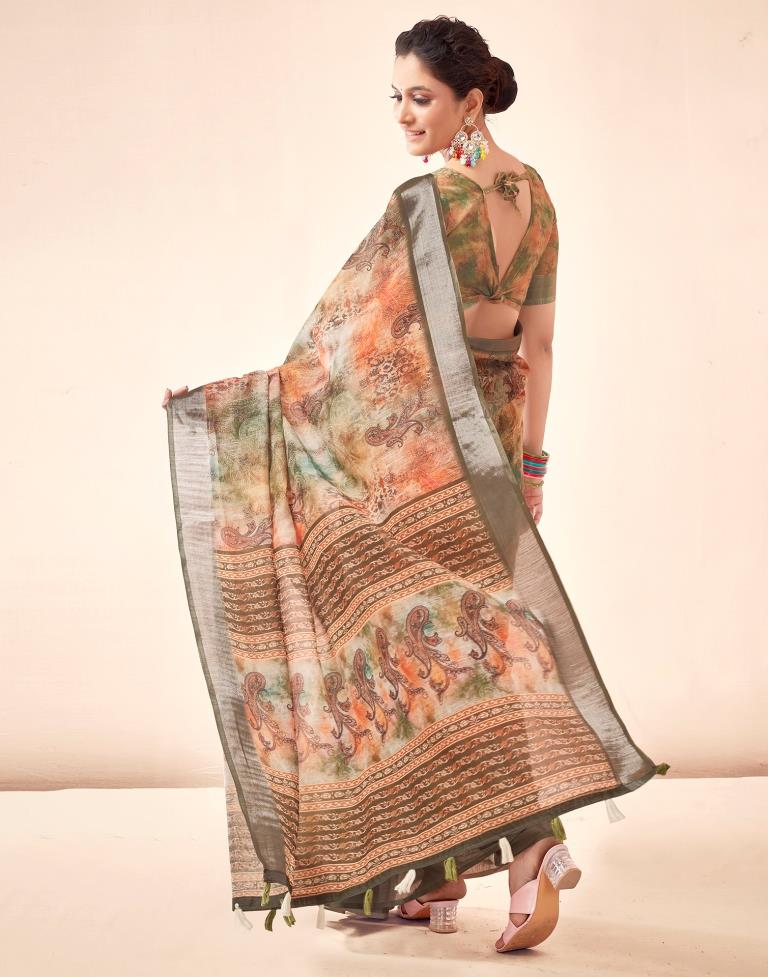 Mehandi Green Linen Printed Saree