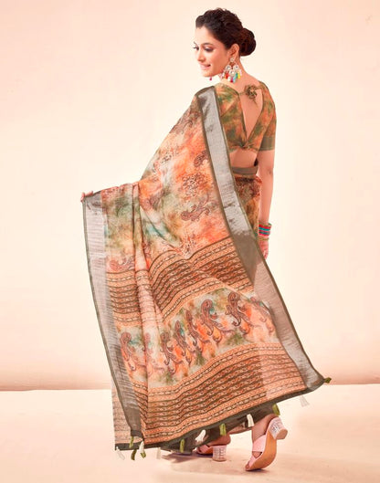 Mehandi Green Linen Printed Saree