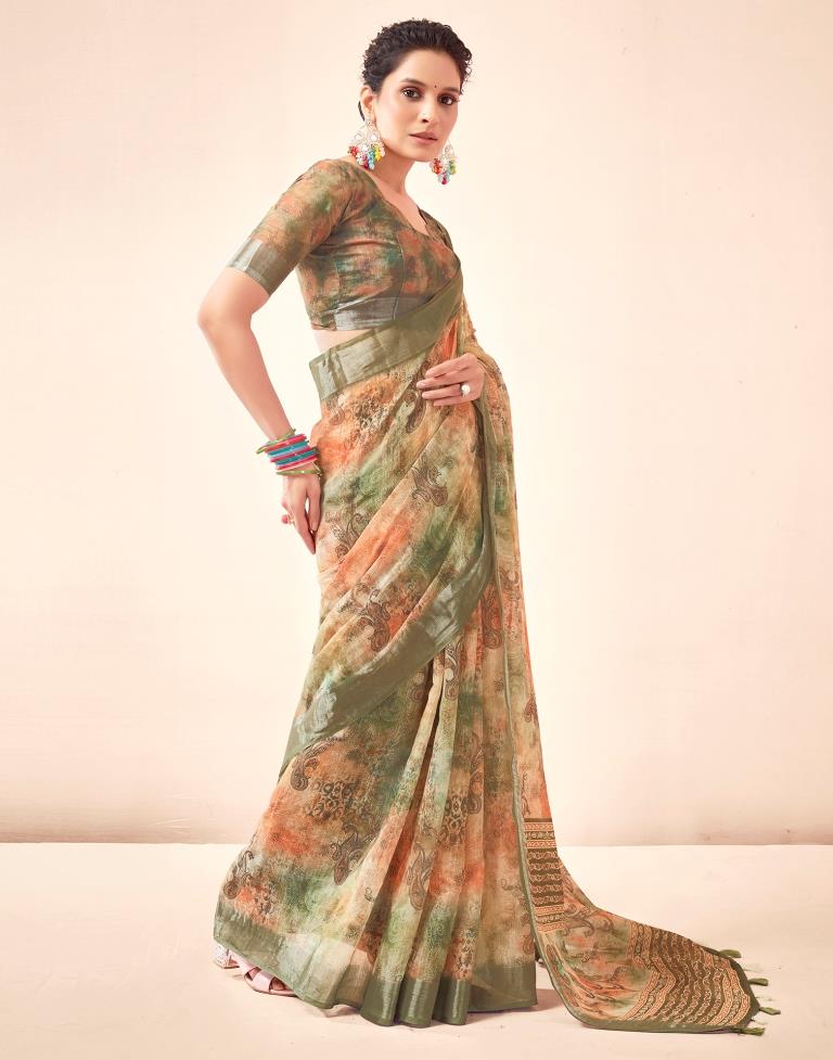 Mehandi Green Linen Printed Saree