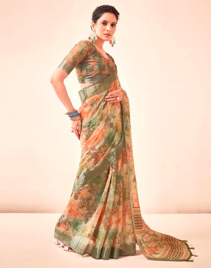 Mehandi Green Linen Printed Saree