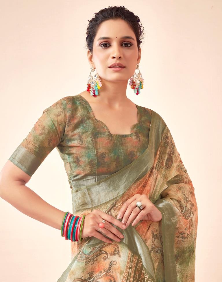 Mehandi Green Linen Printed Saree