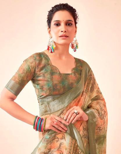 Mehandi Green Linen Printed Saree