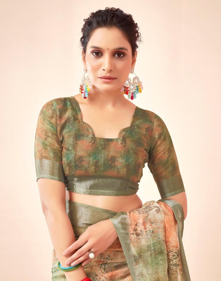 Mehandi Green Linen Printed Saree