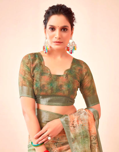 Mehandi Green Linen Printed Saree