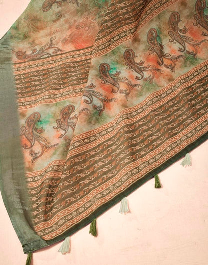 Mehandi Green Linen Printed Saree