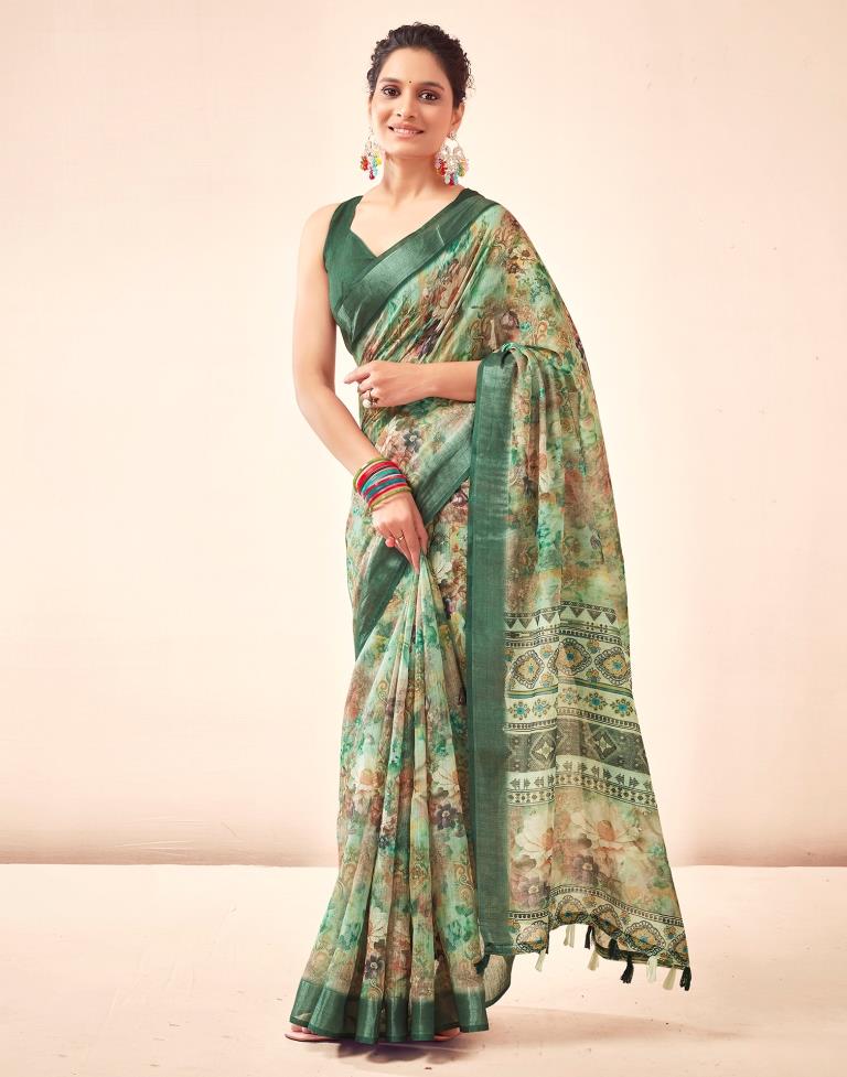 Dark Green Linen Printed Saree