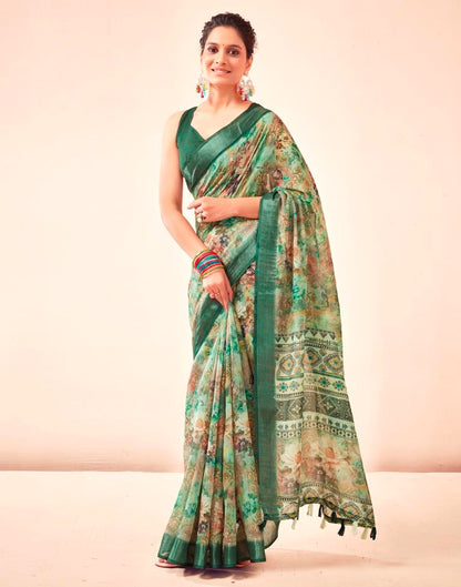 Dark Green Linen Printed Saree