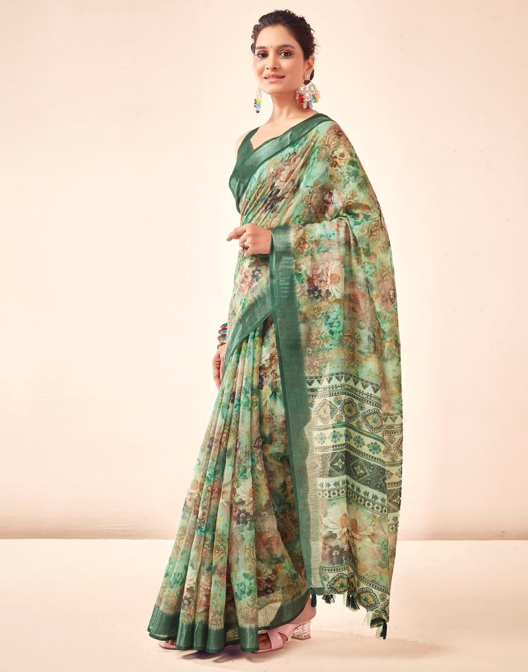 Dark Green Linen Printed Saree