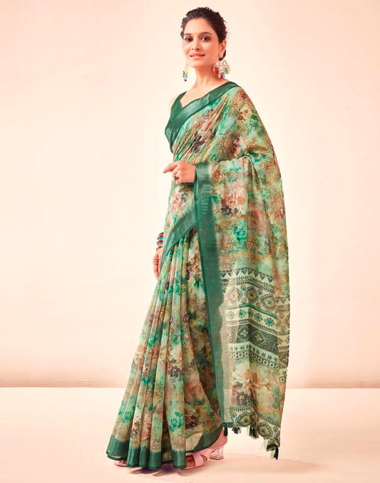 Dark Green Linen Printed Saree