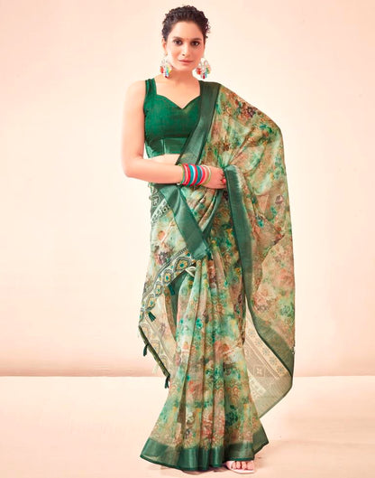 Dark Green Linen Printed Saree