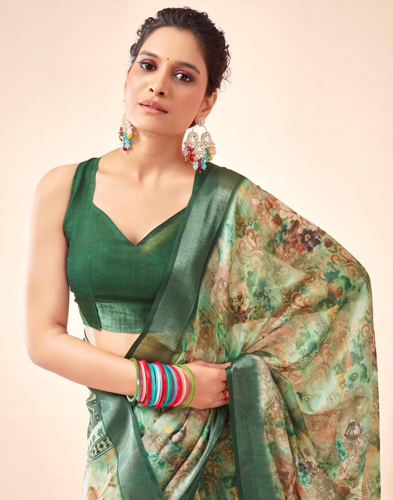 Dark Green Linen Printed Saree