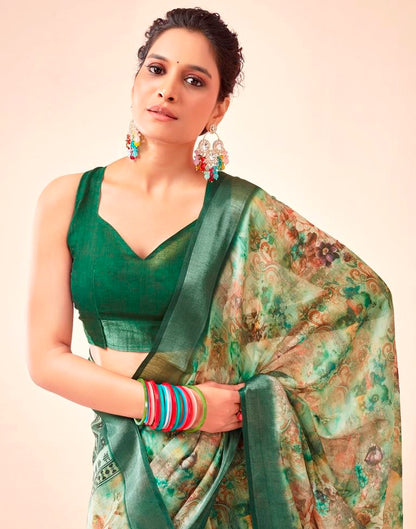 Dark Green Linen Printed Saree