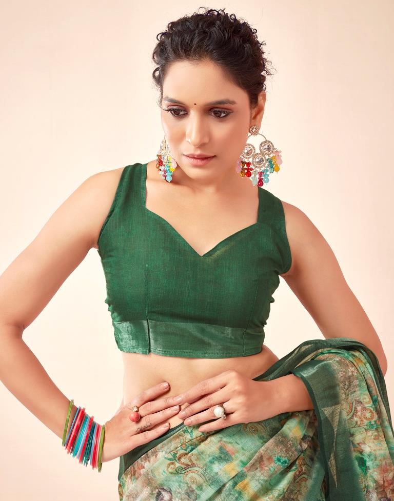 Dark Green Linen Printed Saree