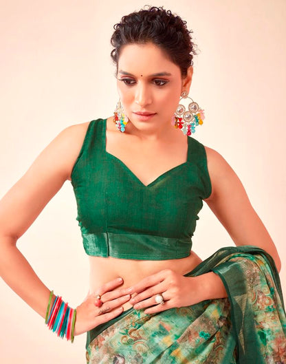 Dark Green Linen Printed Saree