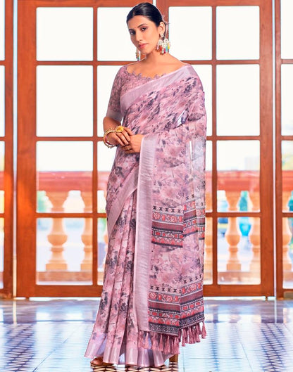 Pink Linen Printed Saree