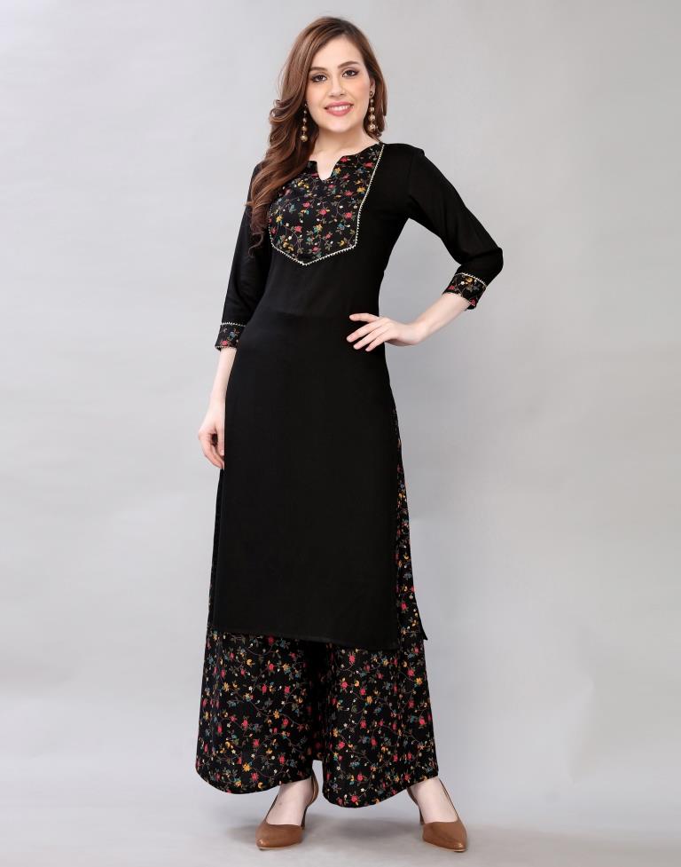 Black Coloured Rayon Printed Kurti With Palazzo | Leemboodi