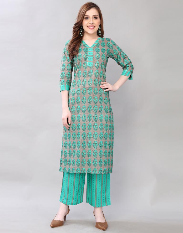 Aqua Green Coloured Cotton Table Printed Kurti With Palazzo | Leemboodi