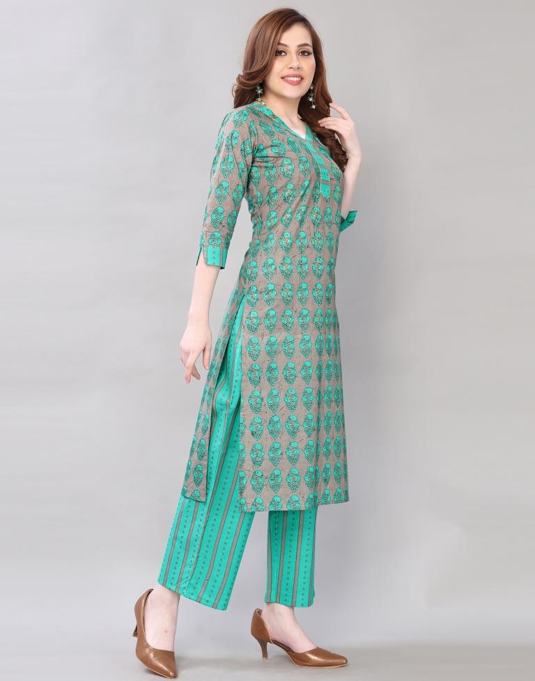 Aqua Green Coloured Cotton Table Printed Kurti With Palazzo | Leemboodi