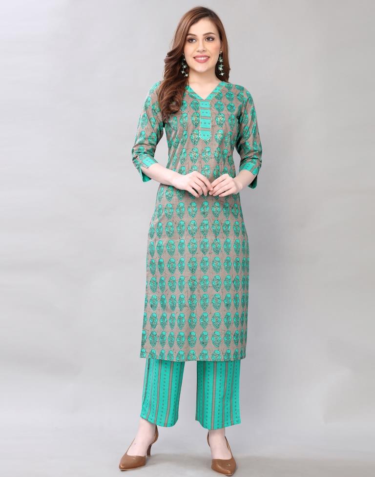 Aqua Green Coloured Cotton Table Printed Kurti With Palazzo | Leemboodi