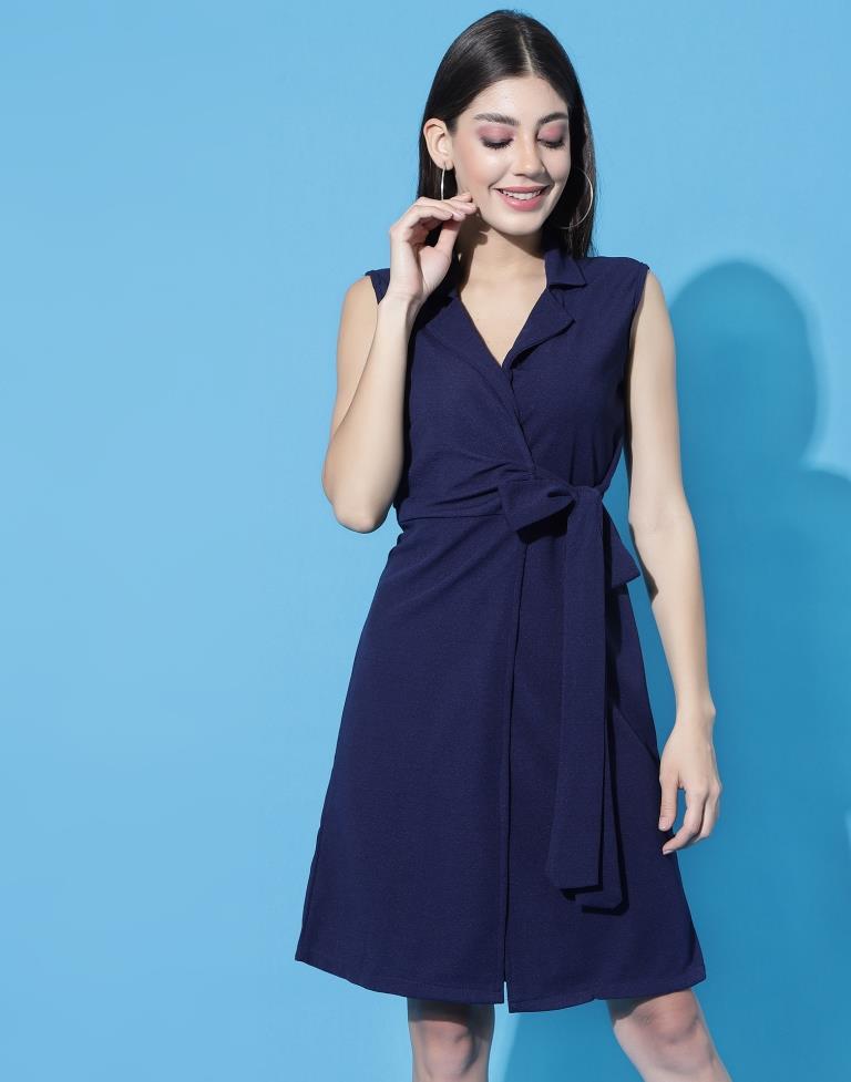 Navy Blue Knotted Collar Dress | Sudathi
