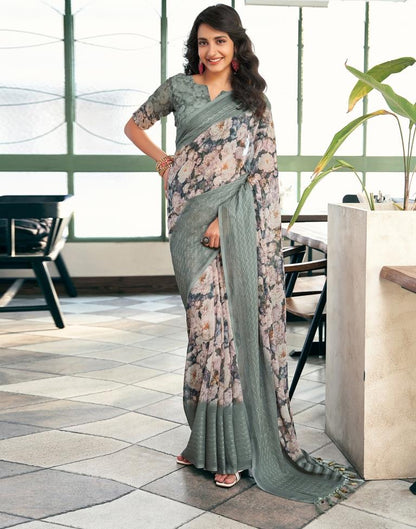 Dusty Green Georgette Printed Saree