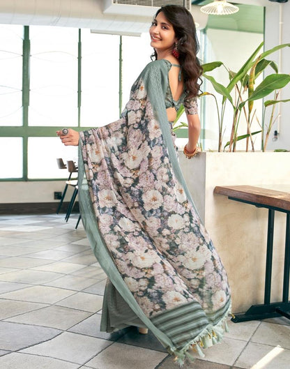 Dusty Green Georgette Printed Saree