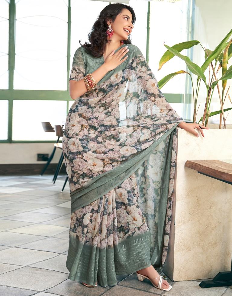 Dusty Green Georgette Printed Saree