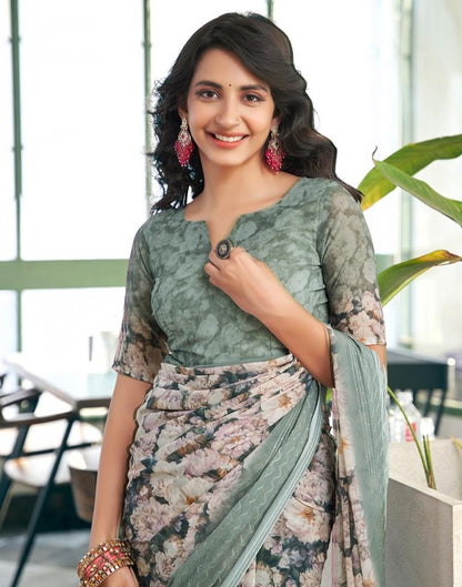 Dusty Green Georgette Printed Saree