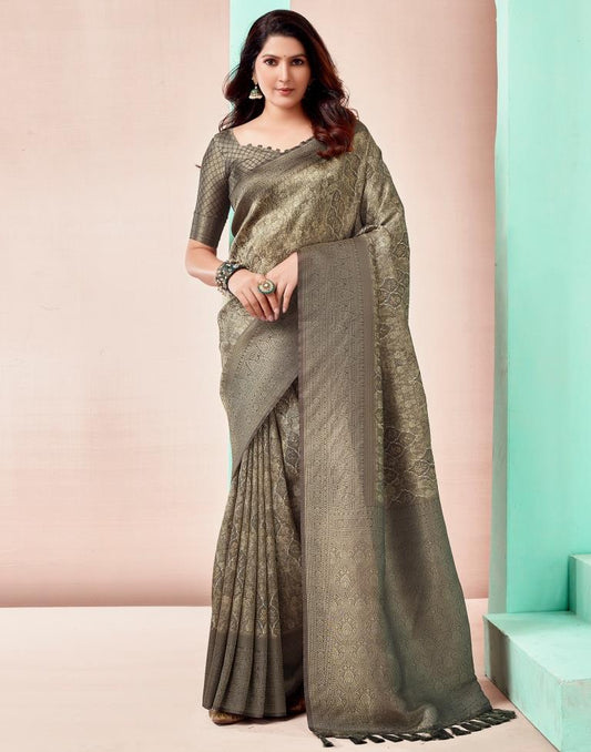 Moss Grey Silk Printed Saree