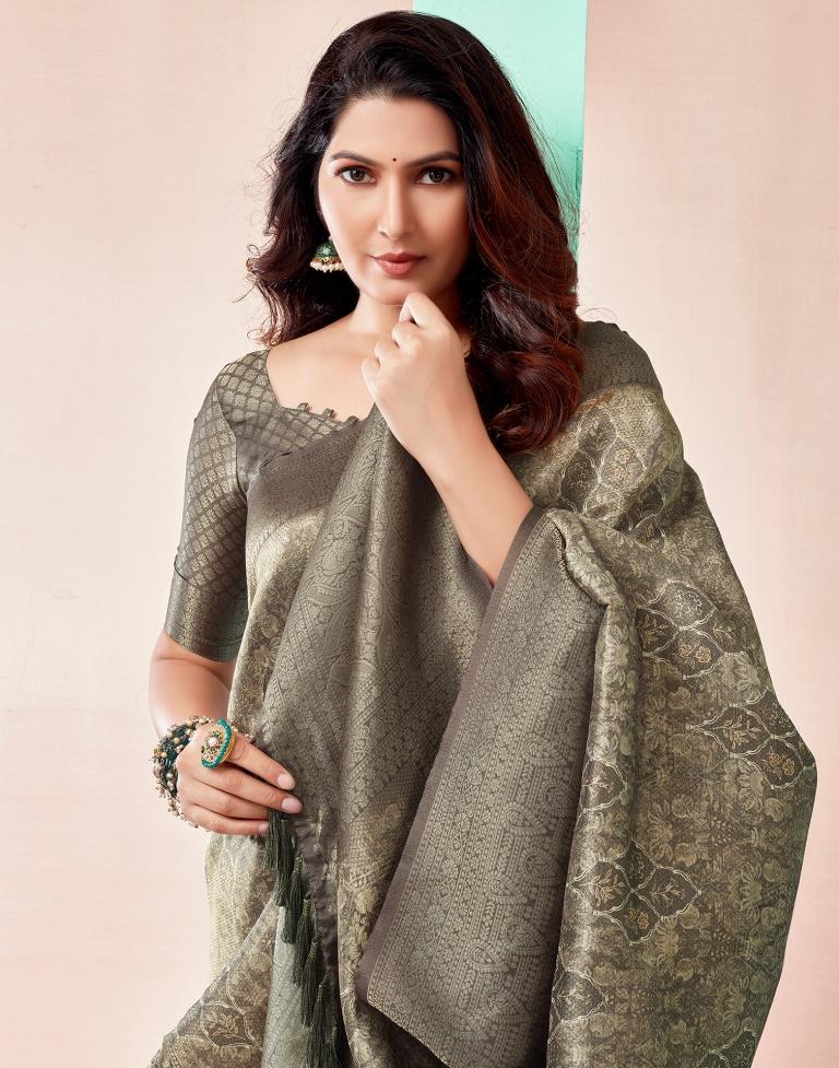 Moss Grey Silk Printed Saree