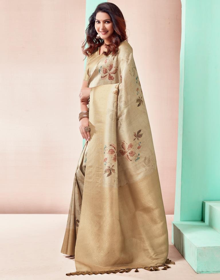 Beige Silk Printed Saree