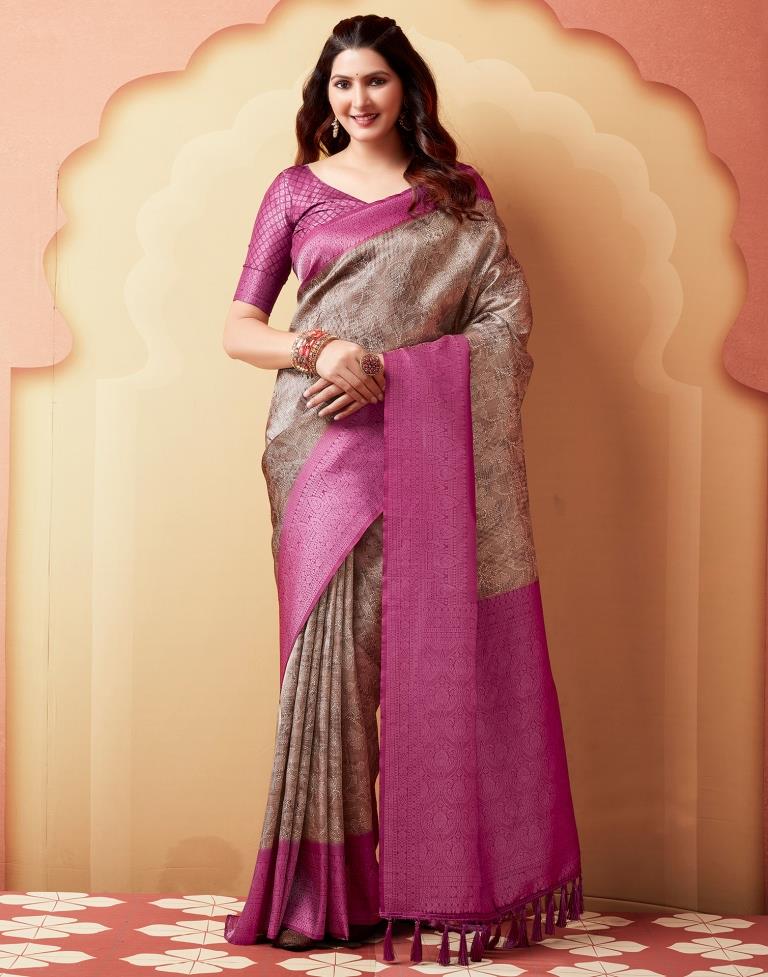 Beige  & Pink Silk Printed Saree