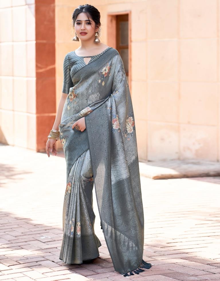 Grey Silk Printed Saree