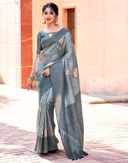 Grey Silk Printed Saree