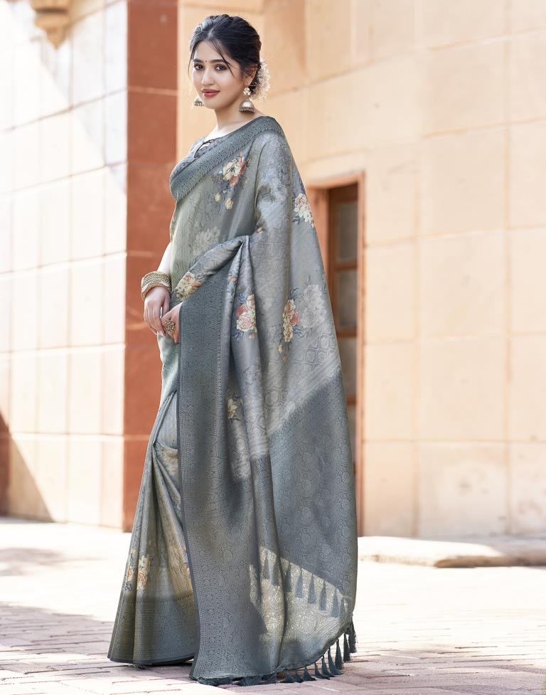 Grey Silk Printed Saree