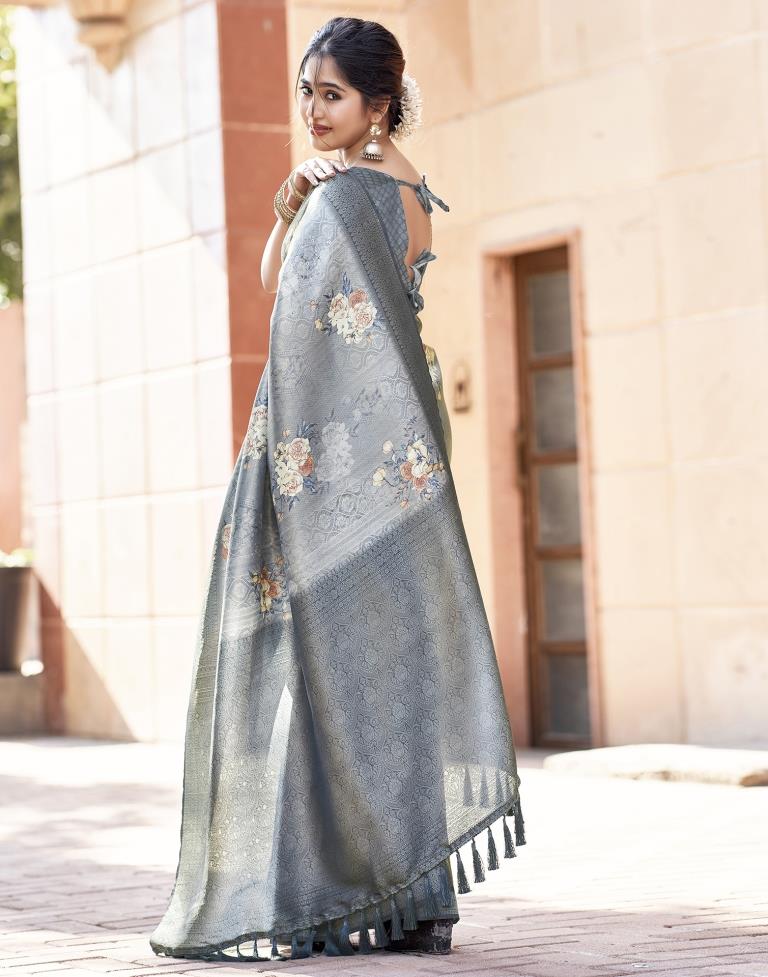 Grey Silk Printed Saree