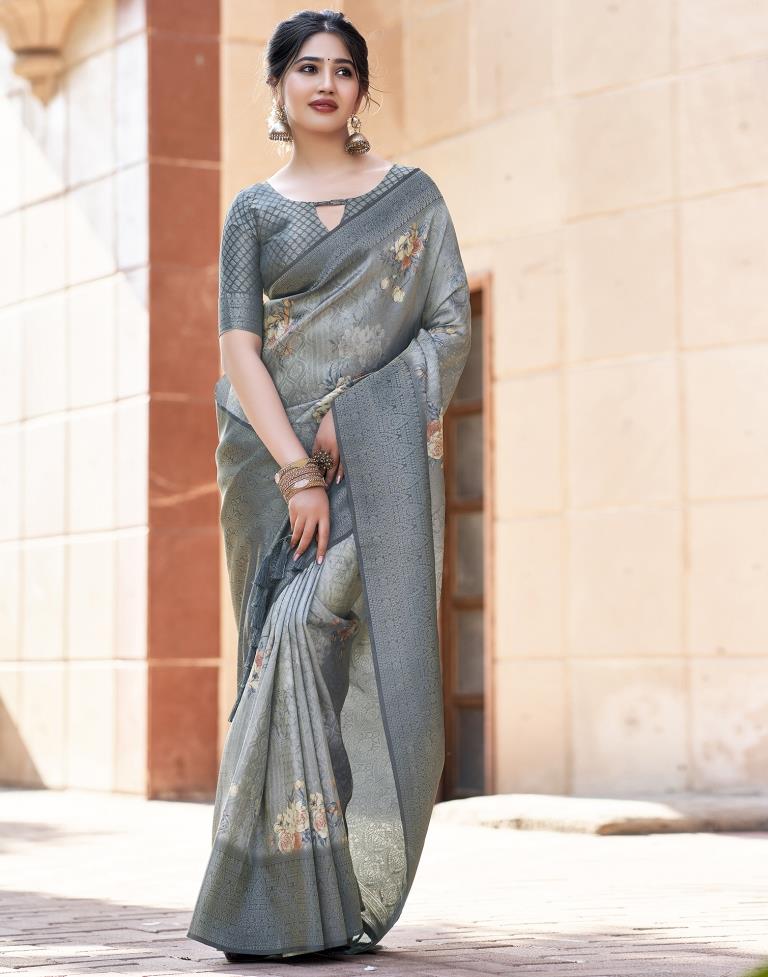 Grey Silk Printed Saree