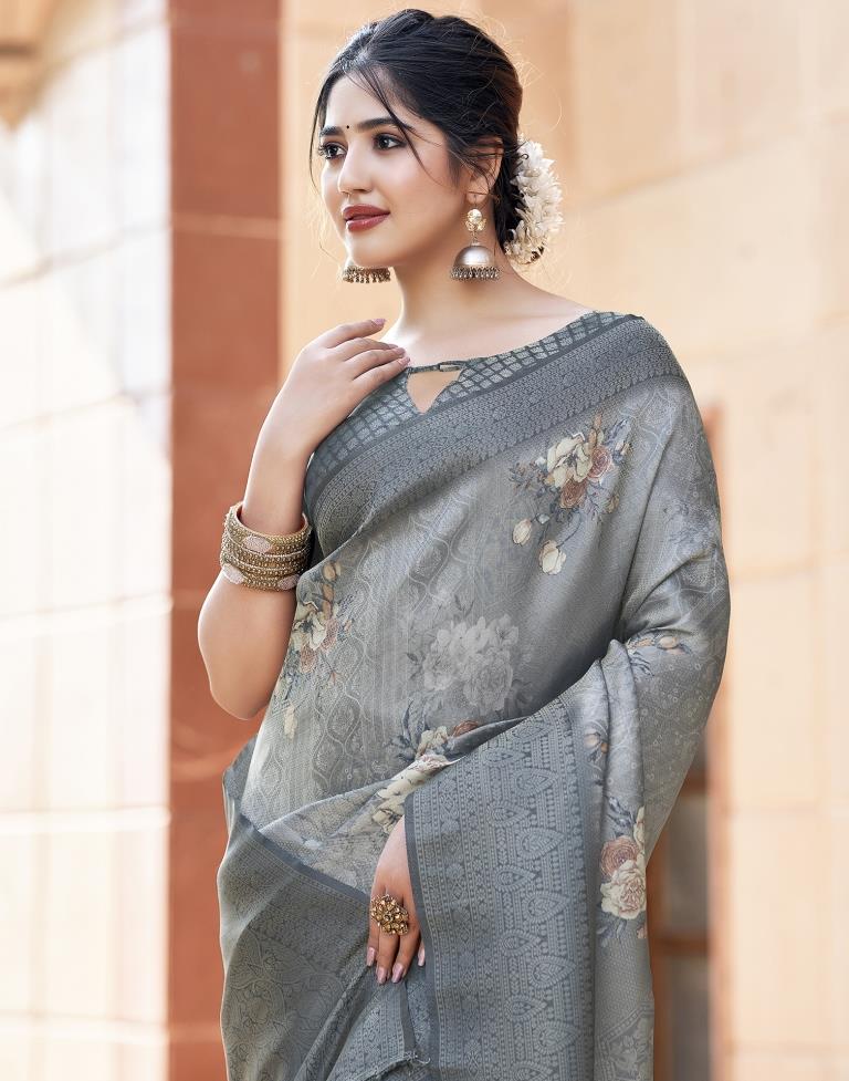 Grey Silk Printed Saree