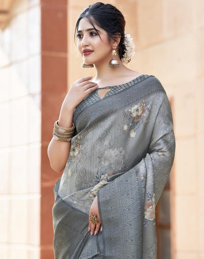 Grey Silk Printed Saree