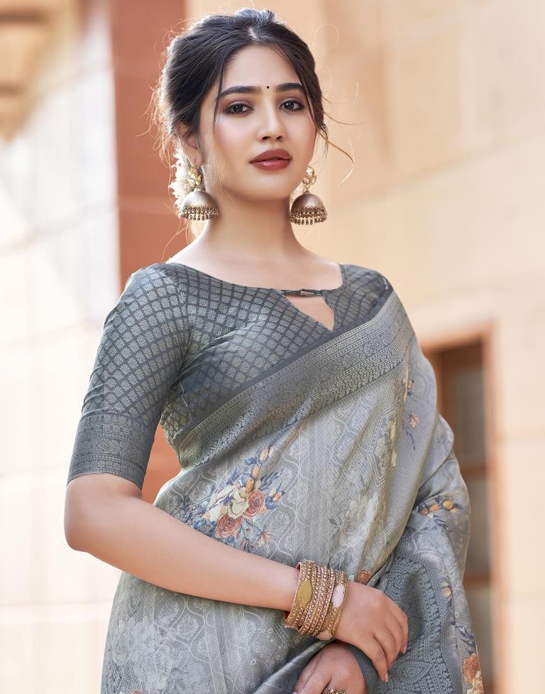 Grey Silk Printed Saree