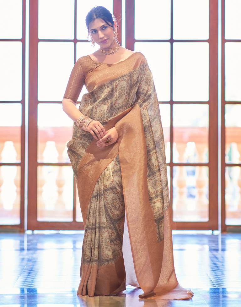 Beige Silk Printed Saree