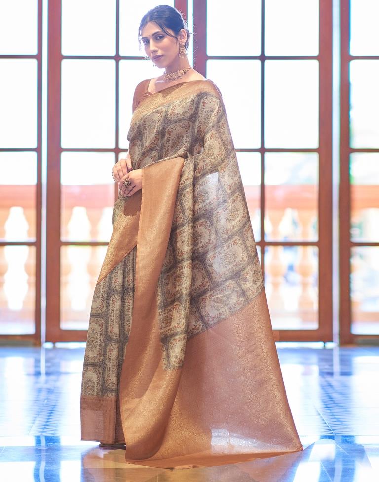 Beige Silk Printed Saree