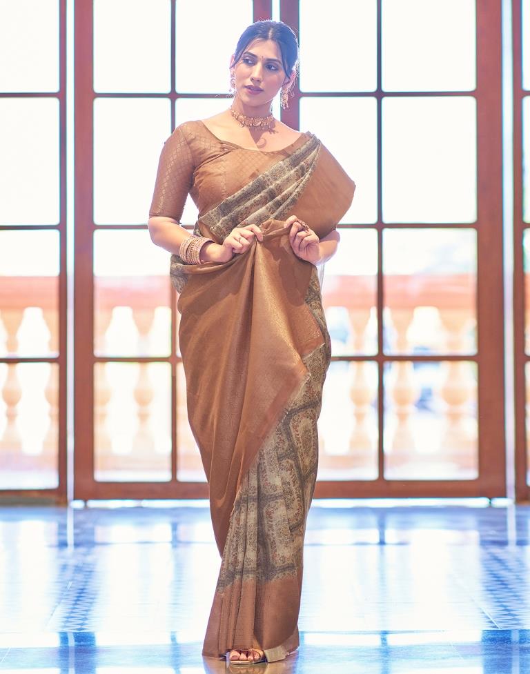 Beige Silk Printed Saree