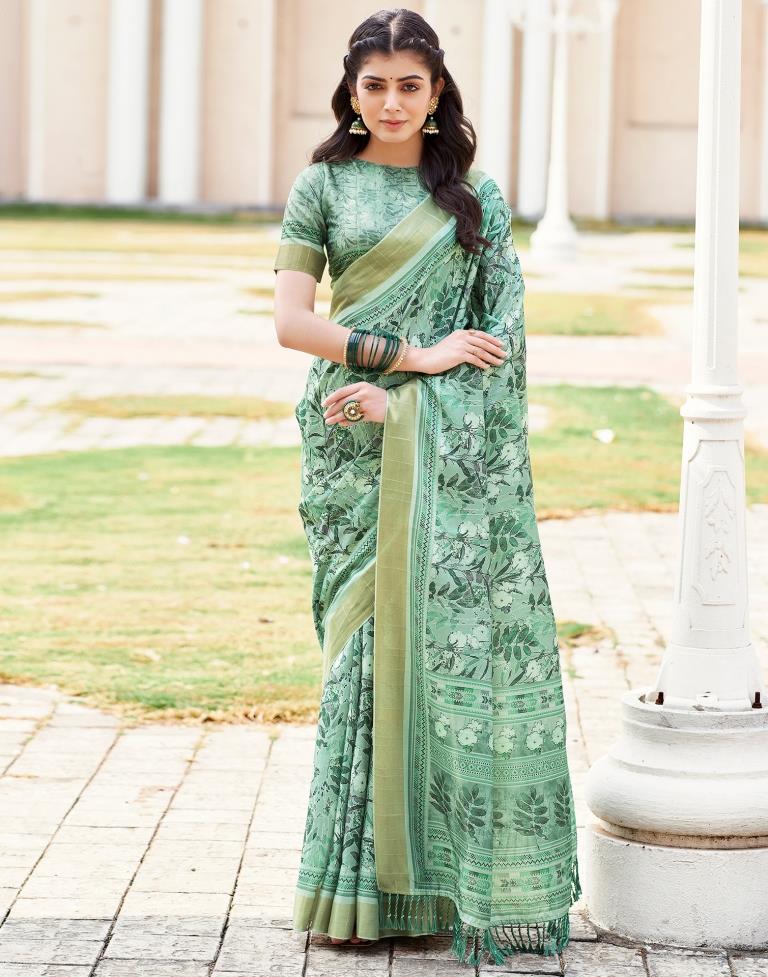 Mint Green Silk Printed Saree