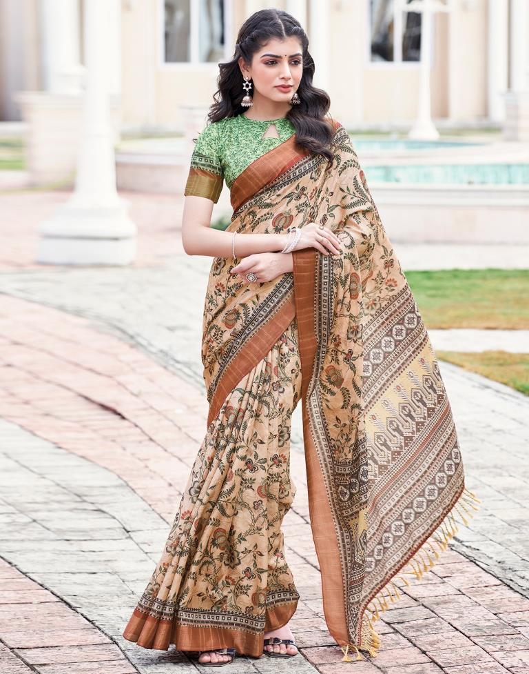 Beige Silk Printed Saree