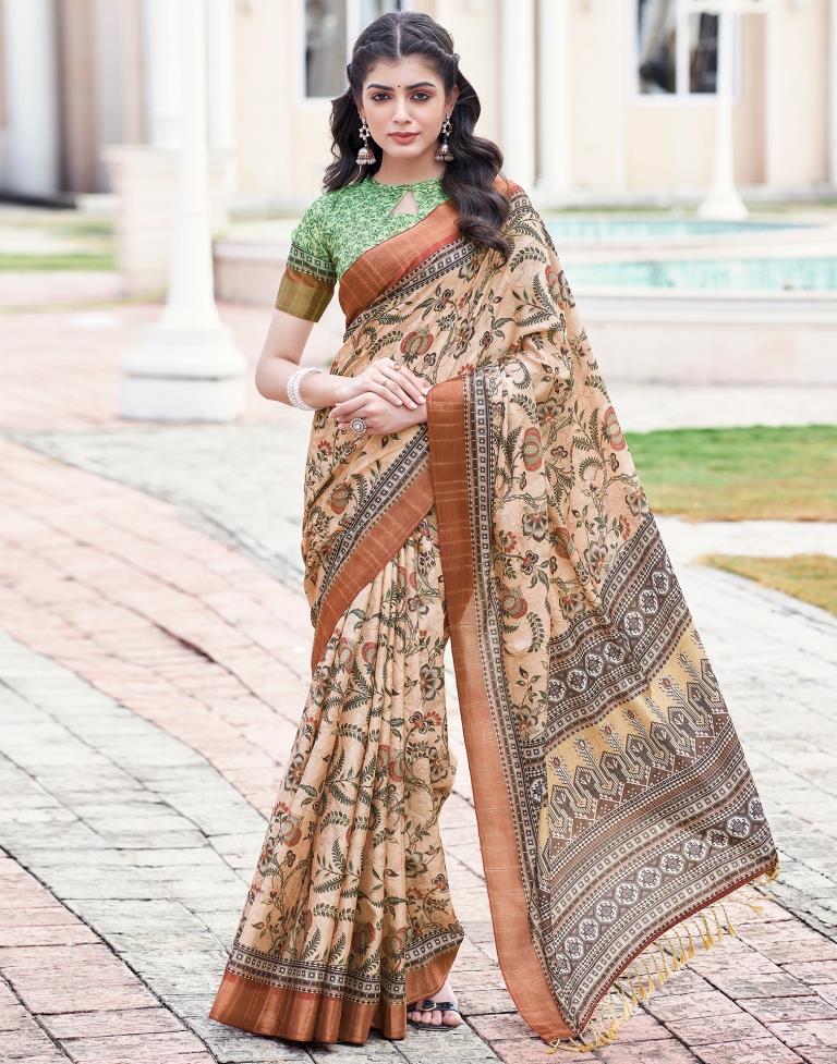 Beige Silk Printed Saree