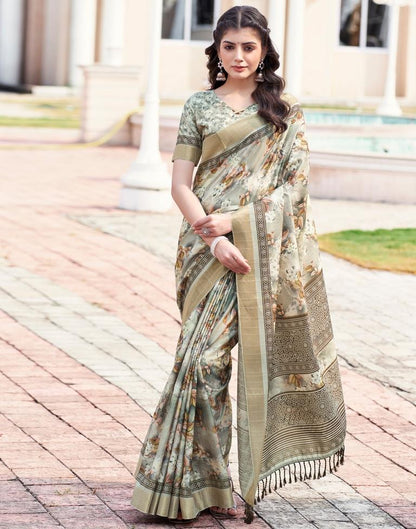 Beige Silk Printed Saree