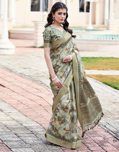 Beige Silk Printed Saree