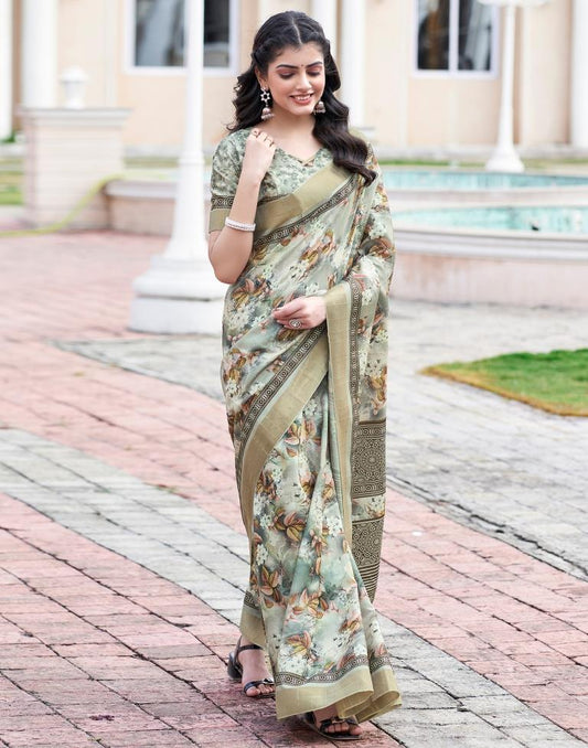 Beige Silk Printed Saree